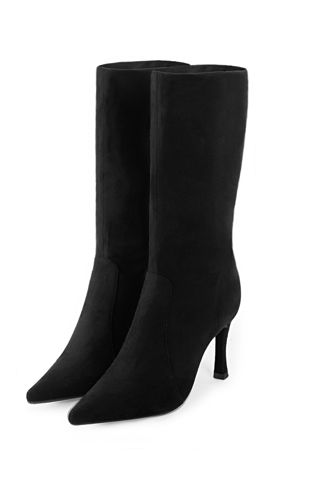 Matt black women's mid-calf boots. Pointed toe. Very high slim heel. Made to measure - Florence KOOIJMAN